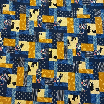 Stoff 846 - Katzen auf Patchwork blaubraun